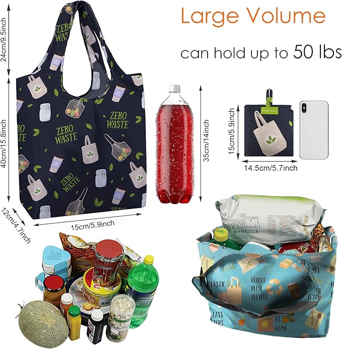 BeeGreen Print Reusable Shopping Bags 6 Pack - Heavy Duty Washable and Foldable Polyester Shopping Bag for Women, Reusable Gift Grocery Totes Market Tote Bag with Handles for Travel Holiday