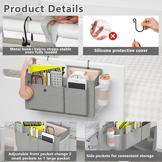 Bedside Caddy Bedside Organizer with Fixed Straps & Water Bottle Holder, Bunk Bed Caddy ideal for Home, Dorm, Hospital, Crib, Versatile Bedside Storage Solution (Grey)