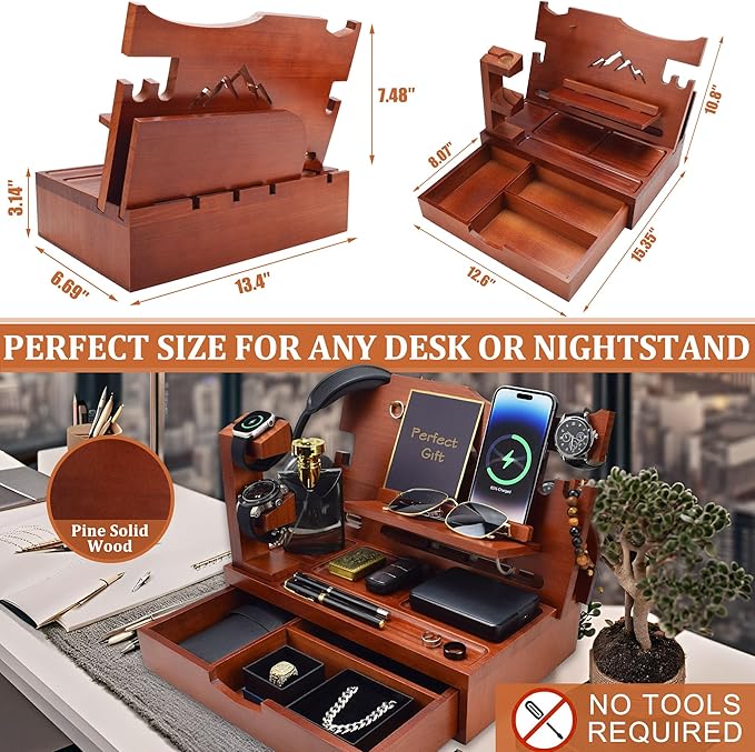 Nightstand Organizer for Men with Large Drawer, Birthday Gifts for Men, Phone Docking Station, Bedside Organizer for Nightstand for Apple Watch, Laptop (Walnut, Solid Wood)
