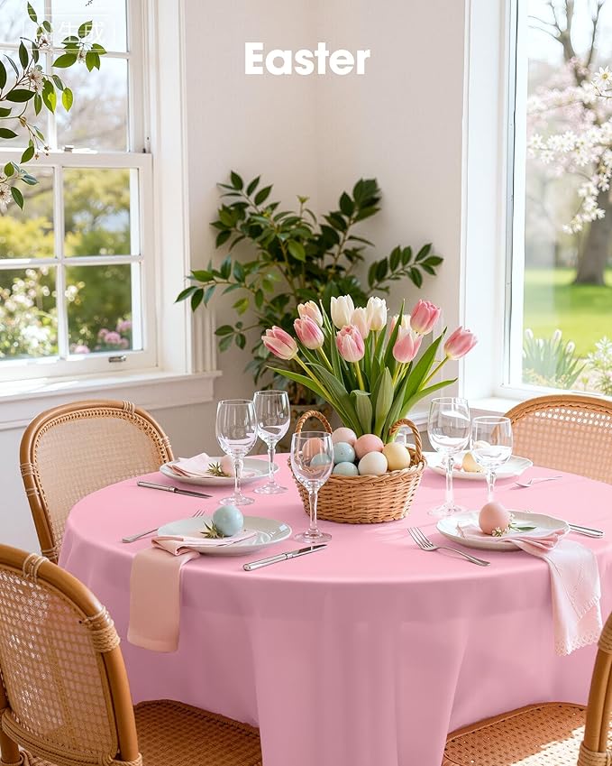 Pureegg Plastic Table Cloth Disposable 10 Pack, 84'' Round Table Cloths, Easter Party, Valentines, Mothers Day Decorations, Tablecloths, Round, Pastel Plastic Cover, Leakproof & Sturdy, Pink