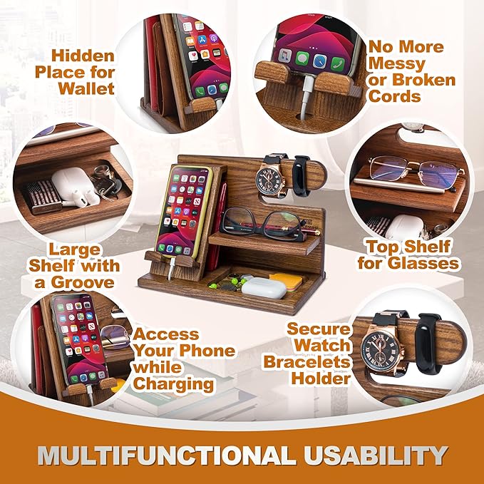 TESLYAR Wood Phone Docking Station Ash Key Holder Wallet Stand Watch Organizer Men Christmas Gift Husband Wife Anniversary Dad Birthday Nightstand Purse Father Graduation Male Idea Gadgets (Beige)