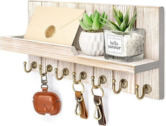 Rebee Vision Farmhouse Key Holder Wall Mount with Mail Organizer - Rustic Key and Mail Holder for Wall with Shelf and 7 Key Hooks - Wooden Apartment Essentials for Room Decor (Natural Wood,15-inch)