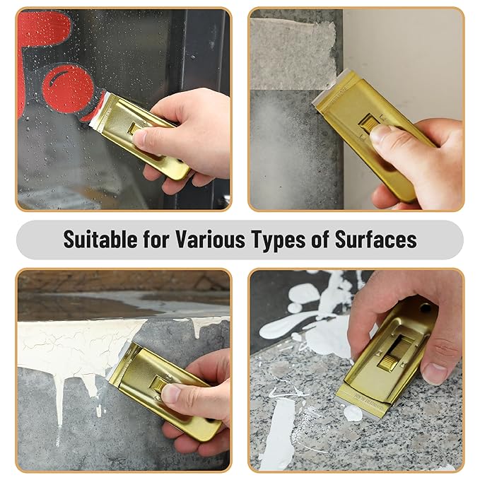 Bates- Metal Razor Blade Scraper Tool, 2 Pack, 30 Extra Blades, Gold, Heavy-Duty Cleaning Razor Scraper Tool
