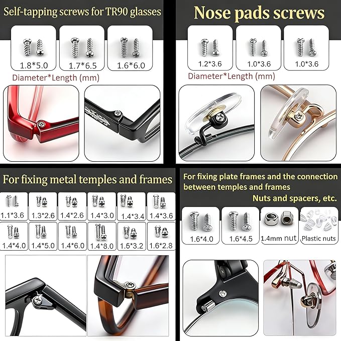 Eyeglass Repair Kit - 24 Types of Eyeglass Screw Size Glasses Repair Kit with Screws, Eyeglass Nose Pads, Eyeglass Screwdriver and Tweezer (24 Types Screws)