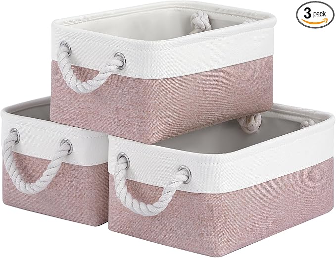 VQRTEXA Storage Baskets for Shelves 11.8x7.9x5.2 Inch, Foldable Fabric Storage Bins with Handles, Small Storage Baskets for Organizing Closet, Bathroom, Office, Home Organization (3-Pack, White&Pink)