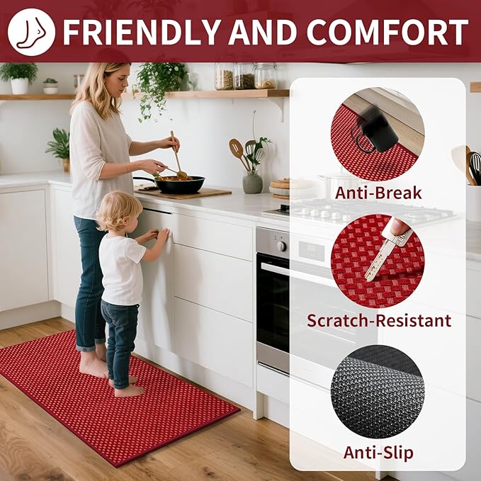 YDKGL Kitchen Runner Rugs Non Slip Washable, Super Absorbent Soft Chenille Braided Kitchen Mats for Floor Rubber Backing Standing Sink Mat Floor Mat, Easy to Clean, Red 17"x59"