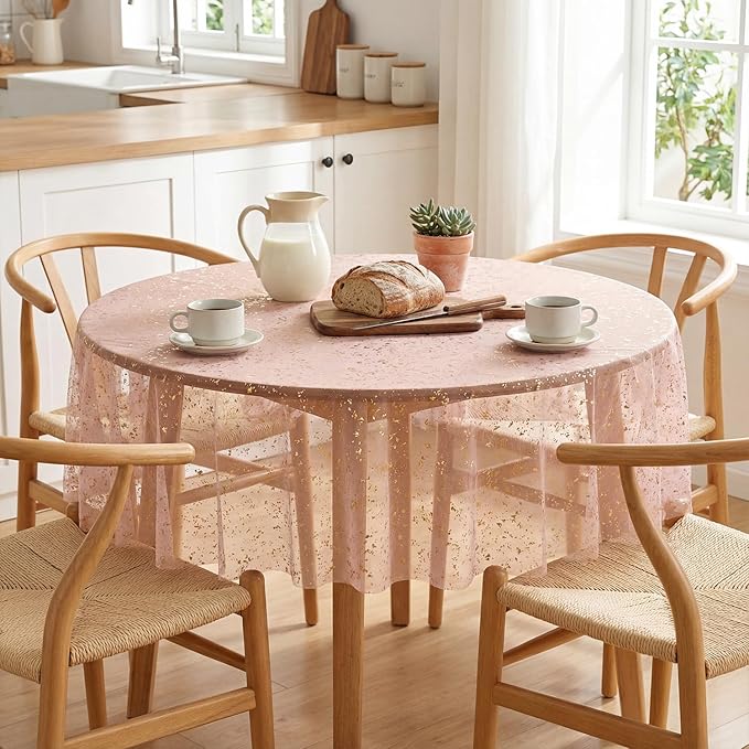 Horaldaily Pink Gold Gauze Tablecloth 60x60 Inch Round, Golden Sequin Glitter Metallic Foil, Sheer Tulle Cheesecloth for Wedding Baby Shower Ceremony Birthday