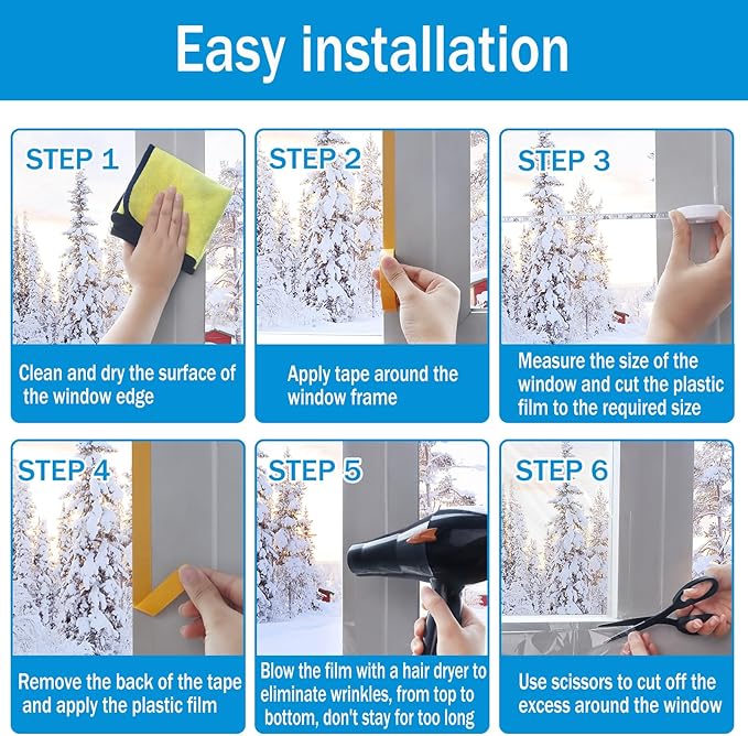 Window Insulation Kit, 63 × 394 Inch and 87 x 110 Inch Plastic Window Covering for Winter, Window Insulation Film Window Wrap Insulation Windows Winterizing Kit with Double-Sided Tape
