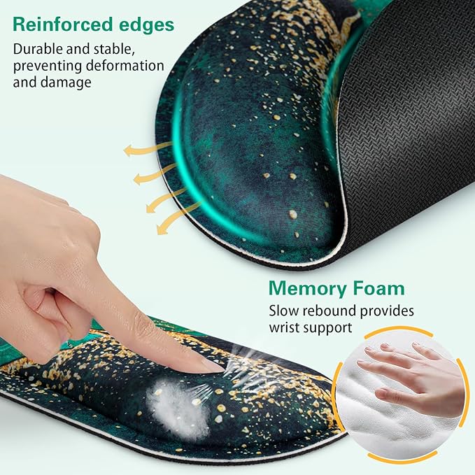 Mouse Pad Green with Wrist Rest Set, 3-in-1 Wrist Support Mousepad Set, Gaming Mat Pad with Anti-Skid Base, Ergonomic Mouse Pad, Memory Foam Gel Wrist Rest for Computer Keyboard