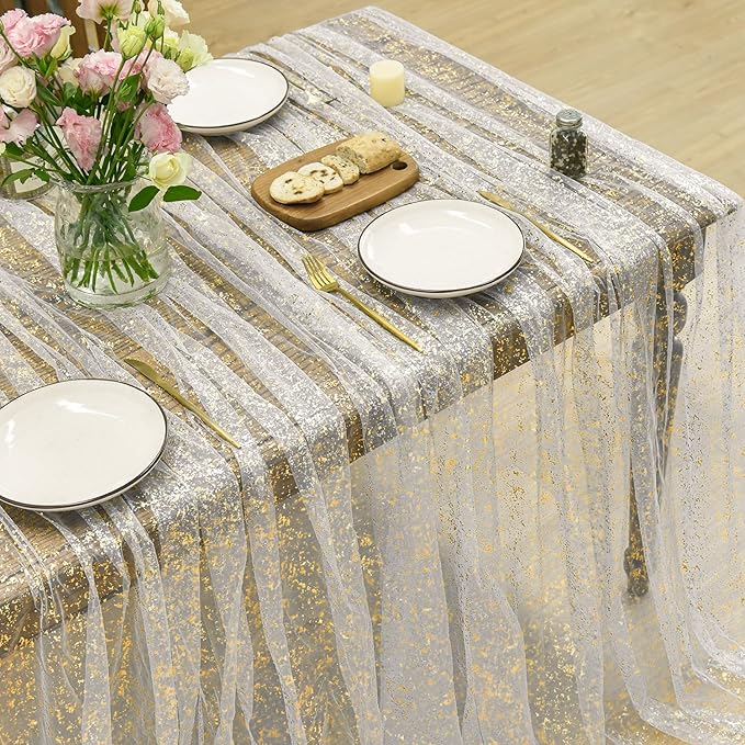 Horaldaily Beige Gold Gauze Tablecloth 60x60 Inch Square, Golden Sequin Glitter Metallic Foil, Sheer Tulle Cheesecloth for Wedding Baby Shower Ceremony Birthday