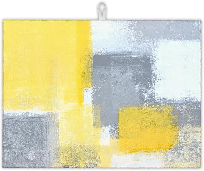 UIUPRO Grey Yellow Dish Drying Mats 18x24 Inch, Abstract Art Dish Pad Drying Rack Mat for Kitchen Counter Ultra Absorbent Microfiber Dishware Coffee Maker Bar Countertop Decor
