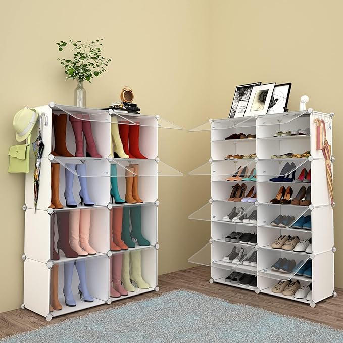 HOMICKER Shoe Rack Organizer, 32 Pair Shoe Storage Cabinet with Door Expandable Plastic Shoe Shelves for Closet, Entryway, Hallway, Bedroom