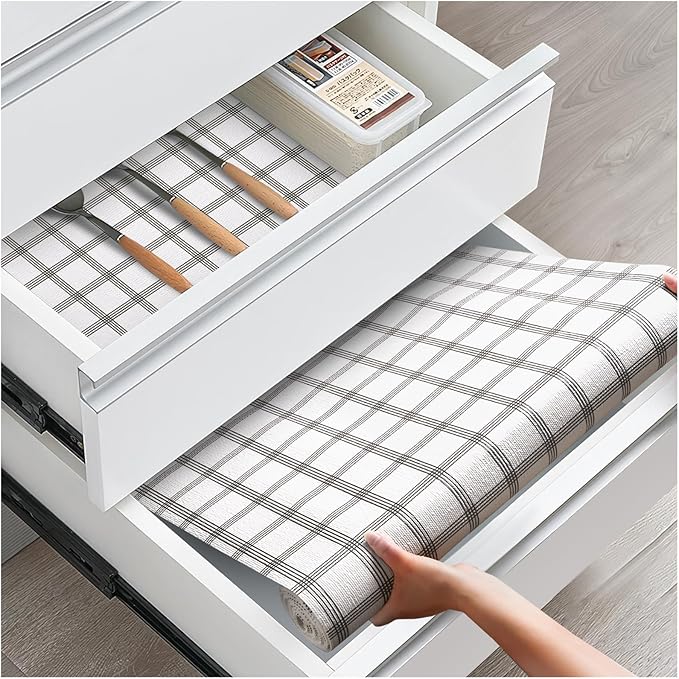 Drawer and Shelf Liner, Non-Slip Kitchen Cabinet Liners Non-Adhesive Thick Strong Grip Waterproof Washable Mats Protect Dresser Shelves Cupboard Bathroom Cabinets, White Stripes, 18IN X 10FT