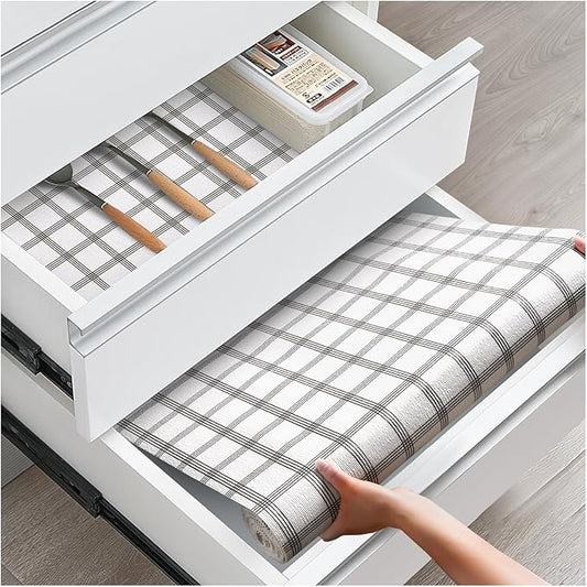 Drawer and Shelf Liner, Non-Slip Kitchen Cabinet Liners Non-Adhesive Thick Strong Grip Waterproof Washable Mats Protect Dresser Shelves Cupboard Bathroom Cabinets, White Stripes, 18IN X 10FT
