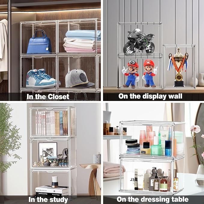 10 Pcs Acrylic Sneaker Shoe Display Case Size 14, Transparent Shoe Box Storage Bins Clear Plastic Stackable Boot Handbag Organizer Containers with Lids