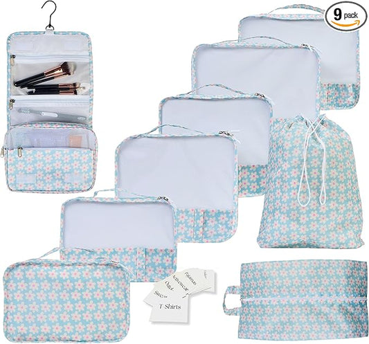 Foxy Traveler 9 Set Packing Cubes - Suitcase Organizer, Cute Packing Cubes, Travel Bags Organizer for Luggage with Hanging Toiletry and Shoe Bag, Travel Essentials for Women, Men and Kids -Blue Flower