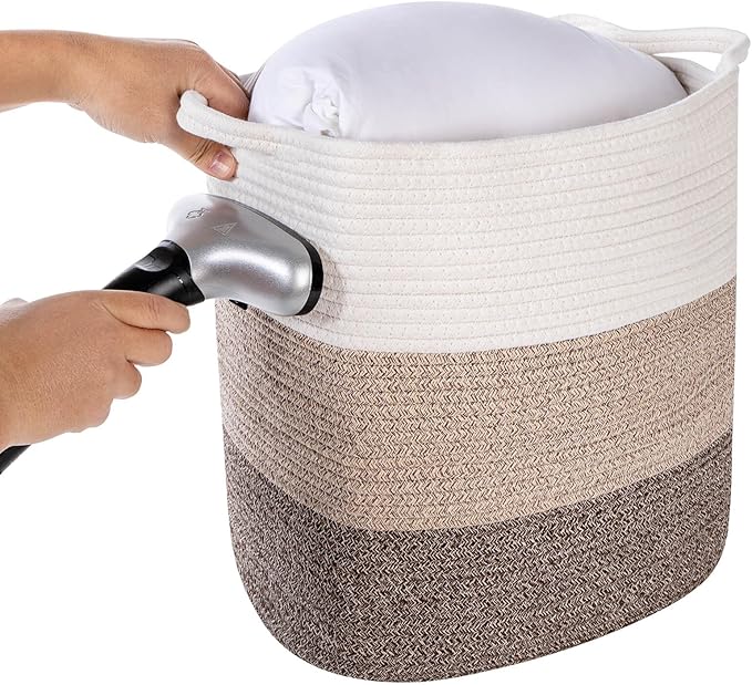 laughbird Storage Baskets for Clothes Fabric Cotton Rope Storage Basket with Handles, Decorative Woven Basket for Living Room, Closet Organizer Blankets, and 2 bags (Gradient Brown, L14×W11×H14)