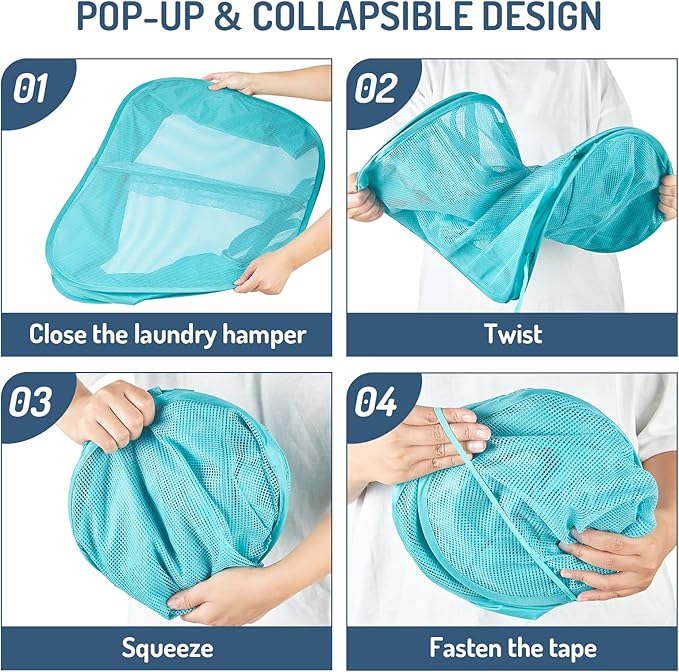 Mesh Popup Laundry Hamper 2 Compartment, Collapsible Laundry Sorter Basket Foldable Hamper for Clothes, College Dorm, Travel (Turquoise Blue)