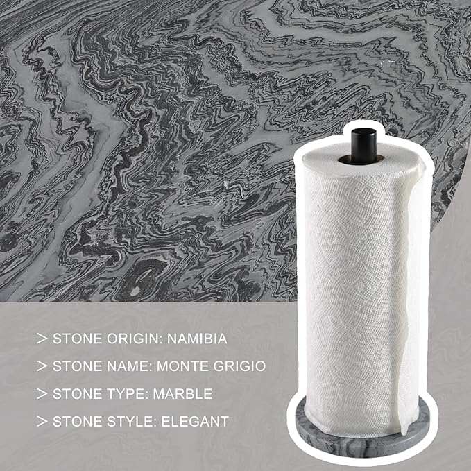 Koville African Marble Base Paper Towel Holder Countertop, Metal Rod 6" Marble Base Paper Towel Holder Stand for Kitchen Organization and Storage, Fit for Standard Size Rolls