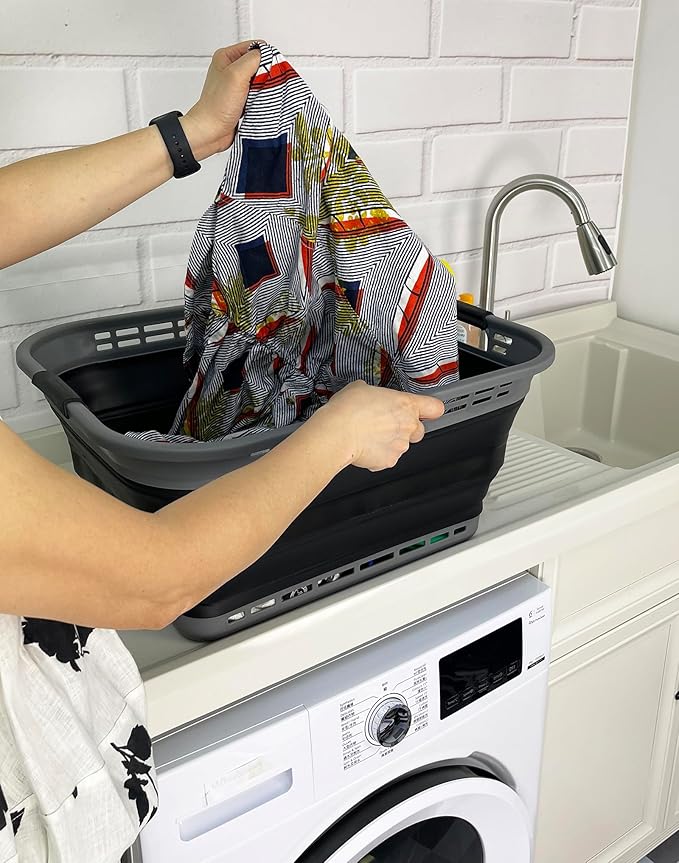 SAMMART 42L (11 Gallons) Collapsible Plastic Laundry Basket - Foldable Pop Up Storage Container/Organizer - Portable Washing Tub - Space Saving Hamper/Basket [BPA Free] (Grey/Black (Set of 2))