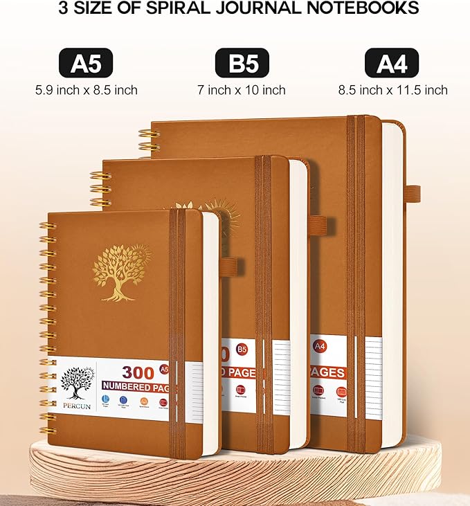 Spiral Notebook Journal for Women Men, 300 Numbered Lined Pages, College Ruled, A5 Hardcover Spiral Bound Notebook for School, Work, Note Taking Writing, Leather Spiral Journal Medium 5.9"x8.5"