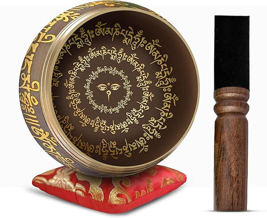 Tibetan Singing Bowl Set - 4" Easy To Play Authentic Handmade For Meditation Sound 7 Chakra Healing By Himalayan Bazaar (Black & Red)