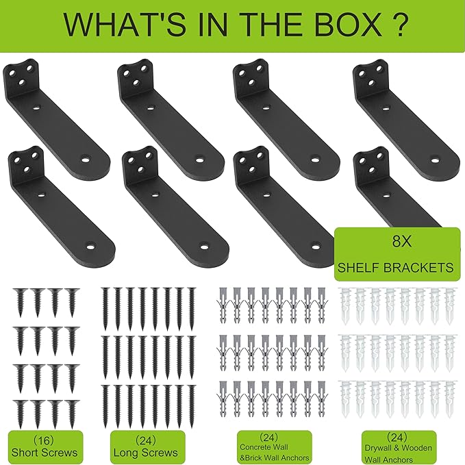 Floating Shelf Bracket, 6 Inch 8PACK Black Heavy Duty Shelf Bracket, Hidden Shelf Brackets 1/5 in Thick, L Brackets Support for Shelves, Suitable for Kitchen, Study Or DIY, Holds Over 160lb+