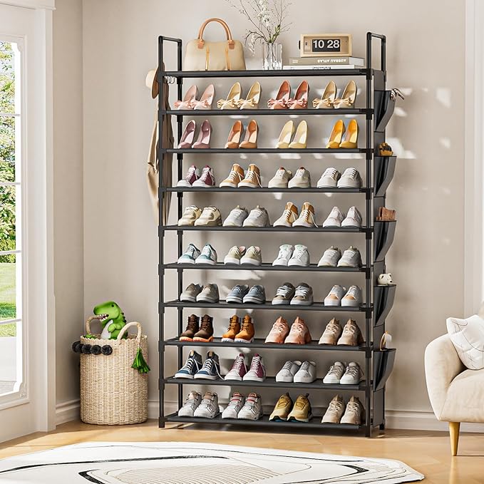 Tall Shoe Rack 10 Tier Shoe Racks Organizer for Closet 40-45Pairs,Large Capacity Storage Rack for Shoes with 5Hooks,Sturdy Metal Shoe Shelf, Vertical Shoe Stand Tower
