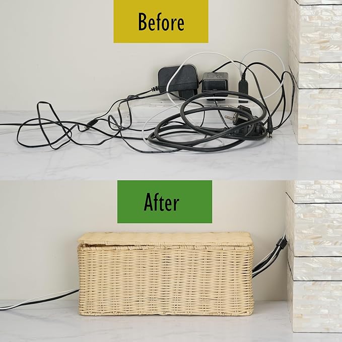 PEMAR Natural Rattan Wicker Cable Management Box, Cable Organizer, 2 Open Slots, Under Desk Cord Organizer, Cover & Hide Power Strips for TV Desk, Computer, Router, USB Hub (Bright Natural Color)