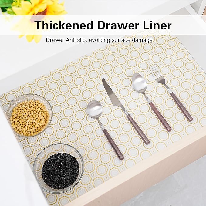 Drawer and Shelf Liner for Kitchen Cabinet,Non-Adhesive Cabinet Liner 18in x 10FT,Waterproof Shelf Paper Non-Slip Mats Cupboard Liners Contact Protect Dresser/Shelves/Table-Gold Octagonal