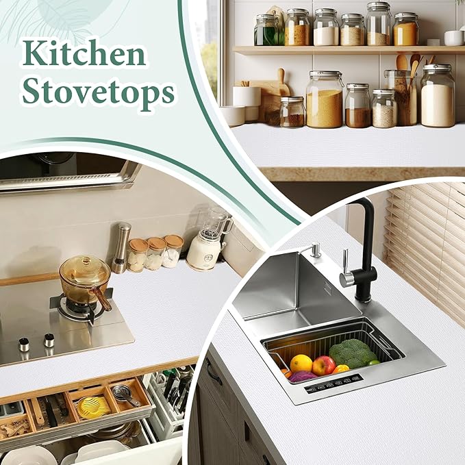 Drawer and Shelf Liner for Kitchen Cabinet: 12 in X 20 Ft Non-Slip Waterproof Shelf Paper, Non-Adhesive Refrigerator Liners, White Easy Liners for Bathroom Cupboard with Knife Tape Measure