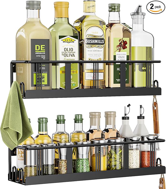 Spice Rack Wall Mounted 2 Pack, Space-Saving Spice Organizer for Spice Jars and Seasonings, Screw or Adhesive Hanging Spice Rack Organizer for Your Kitchen Cabinet, or Pantry Door