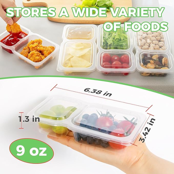 MACTANO 9 OZ Reusable Snack Containers with Lids, New Double Compartment Condiment Snack Pack Containers 10 Sets