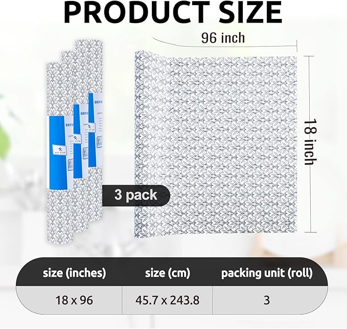 RAY STAR 18X96 Inch Shelf Liner for Kitchen Cabinets, Non-Adhesive Washable Cabinet Liner, PVC Drawer Liner for Dresser Non-Slip Bathroom (Black Floral) (3 Rolls)