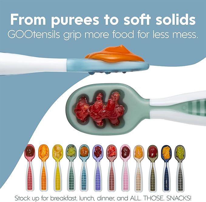 NumNum Baby Spoons Set, Baby Essentials Pre-Spoon GOOtensils for 6+ Months, First Stage Self-Feeding Spoons for Baby Led Weaning (BLW), Silicone Toddler Utensils, BPA-Free, 6 Pack Rainbow