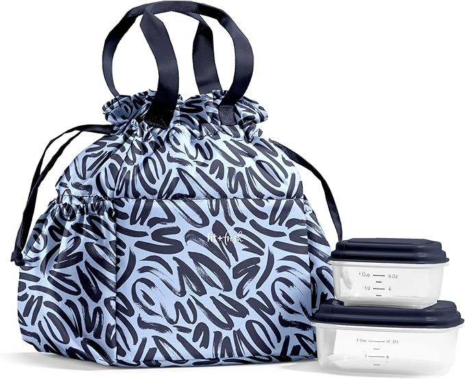 Fit & Fresh Cromwell Drawstring Lunch Bag for Women, Complete Lunch Set with 4 Containers, Stain-Resistant, Leak-Resistant, Back to School Essential, Teacher Lunchbox, Navy Brush Strokes