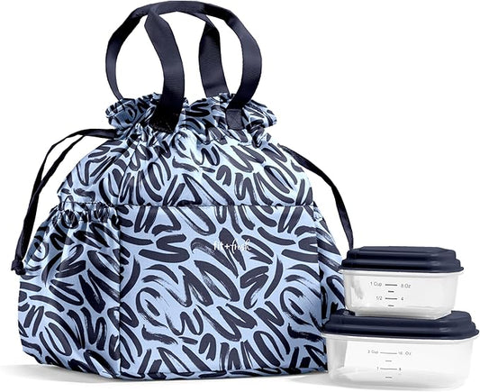 Fit & Fresh Cromwell Drawstring Lunch Bag for Women, Complete Lunch Set with 4 Containers, Stain-Resistant, Leak-Resistant, Back to School Essential, Teacher Lunchbox, Navy Brush Strokes
