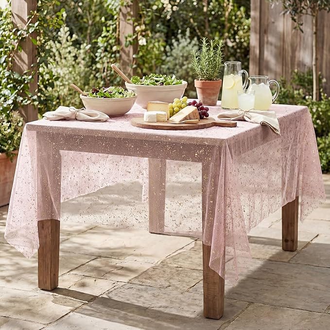 Horaldaily Pink Gold Gauze Tablecloth 52x70 Inch Rectangular, Golden Sequin Glitter Metallic Foil, Sheer Tulle Cheesecloth for Wedding Baby Shower Ceremony Birthday
