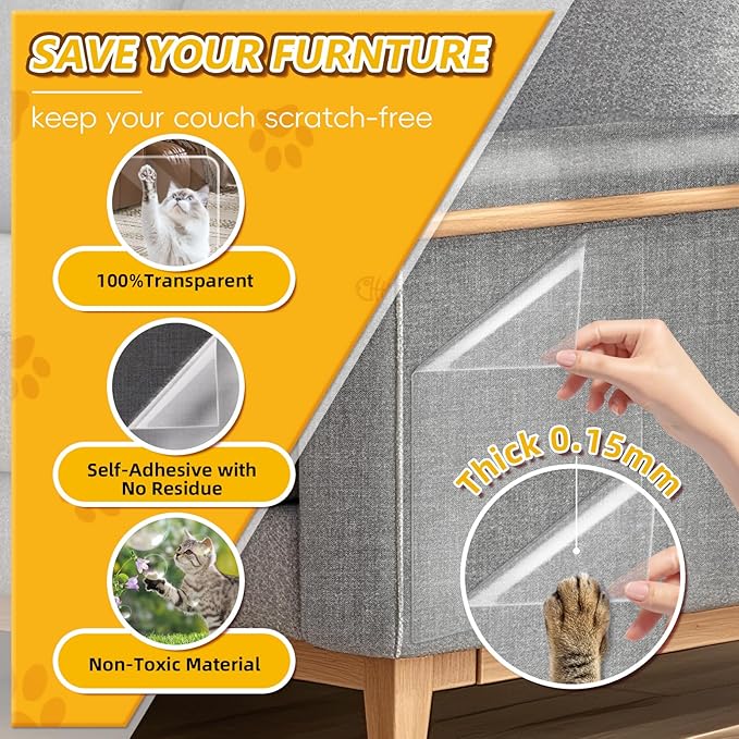 Anti Cat Scratch Furniture Protector, 8 Pcs Self-Adhesive Couch Protector for Cat Claws, Heavy Duty Couch Cover Furniture Protectors from Cats Scratching Tape for Sofa, Corner, Door, Chair