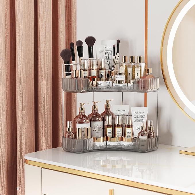 2-Tier Corner Bathroom Counter Organizer with Top Toothbrush Holders, Large Makeup Organizer Countertop with Brush Holder, Skincare Organizers Corner, Exquisite Vanity Organizer (Gray, 2 Tier)
