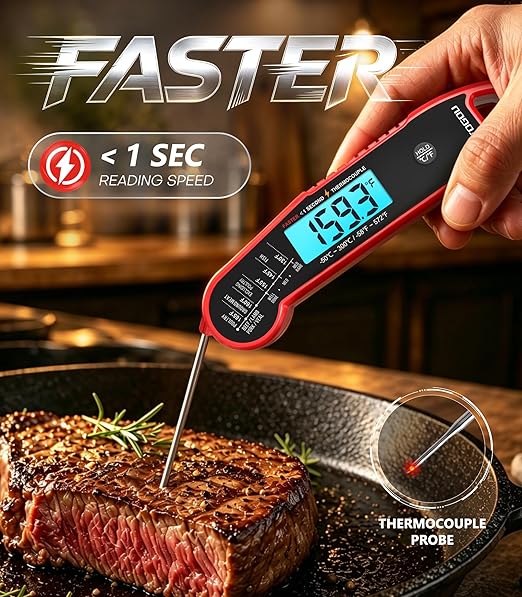 Atogou Professional Meat Thermometer Digital for Cooking Food, <1 Sec Instant Read & ±0.5℉ Accuracy, IP67 Waterproof, Thermocouple Sensor Probe, for Kithchen, BBQ, Grill, Red
