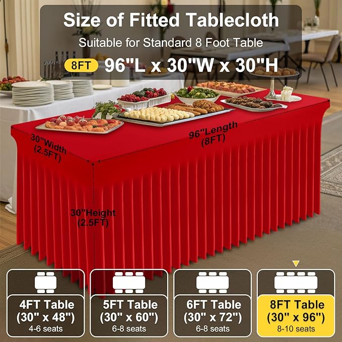 Smiry Spandex Tablecloth, Elastic Fitted Stretch Tablecloth for 8FT Rectangle Tables, Waterproof Washable Table Cover Skirt for Outdoor, Wedding, Banquet & Parties (Red, 96Lx30Wx30H Inch)