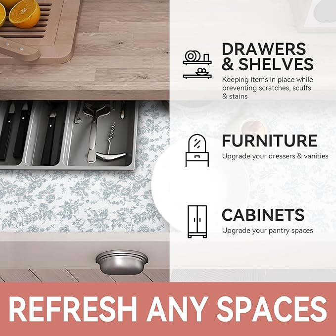 RAY STAR Shelf Liner, Non Adhesive Silver Floral Kitchen Cabinet Liner for Pantry Drawer Vanity, Strong Grip Non Slip Waterproof, Shelf Liners for Kitchen Cabinets Cupboard 12 Inch x 10 FT (2 Rolls)