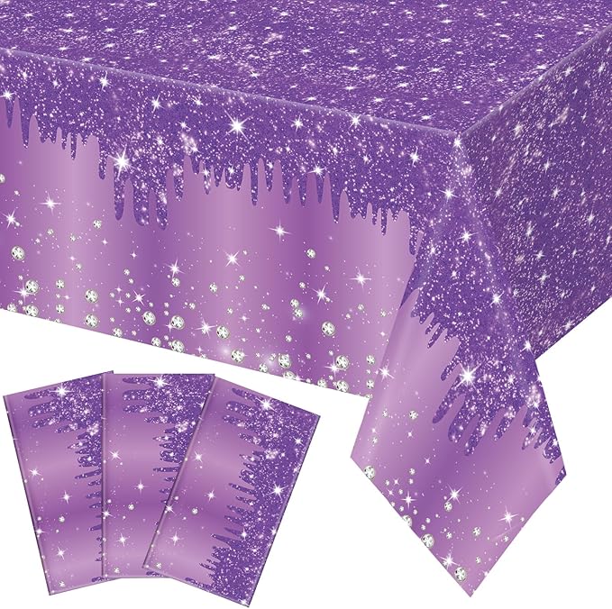 Ganeen 3 Pcs Purple Tablecloths Glitter Sparkling Disposable Plastic Table Cover Sequin Printed Rectangle Tablecloths for Girl Women Birthday Wedding Party Decor Supplies, 54 x 108 Inch