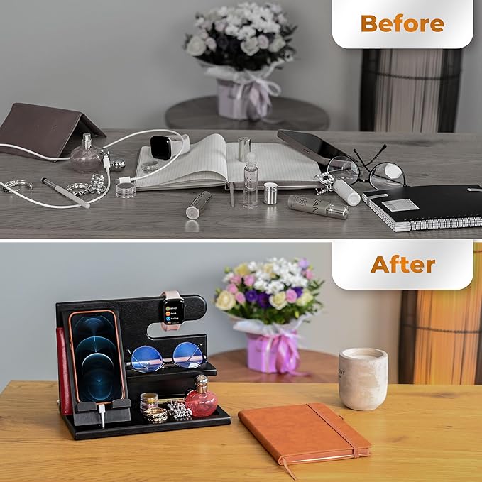TESLYAR Wood Phone Docking Station for Men - Desktop or Nightstand Organizer - Birthday Gifts for Men, Dad - Anniversary Idea from Wife - Key Holder, Stand Wallet, Watch & Essentials (Deep Black)