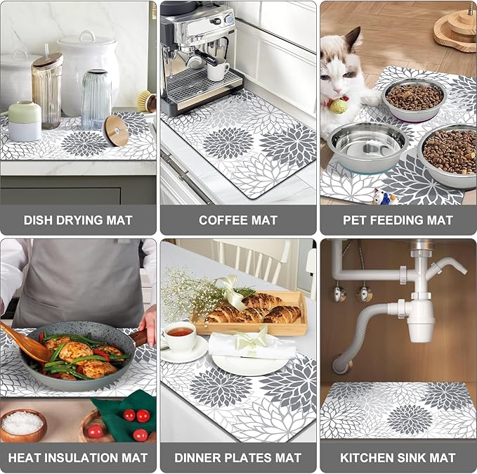 Findosom 2PCS 12" x 20" Dish Drying Mat & 24" x 5.5" Sink Splash Guard, Super Absorbent & Cuttable Dish Mat Drying Kitchen Mat with Gray Floral, Hide Stain Drying Mat for Kitchen Counter