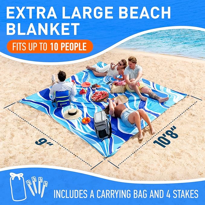 Everlasting Comfort Large Beach Blanket Waterproof & Sandproof - 128” x 108” /10.7ft x 9ft - Lightweight Picnic Mat, Camping Necessities for 10 People - Accessories for Outdoor Festivals - Blue