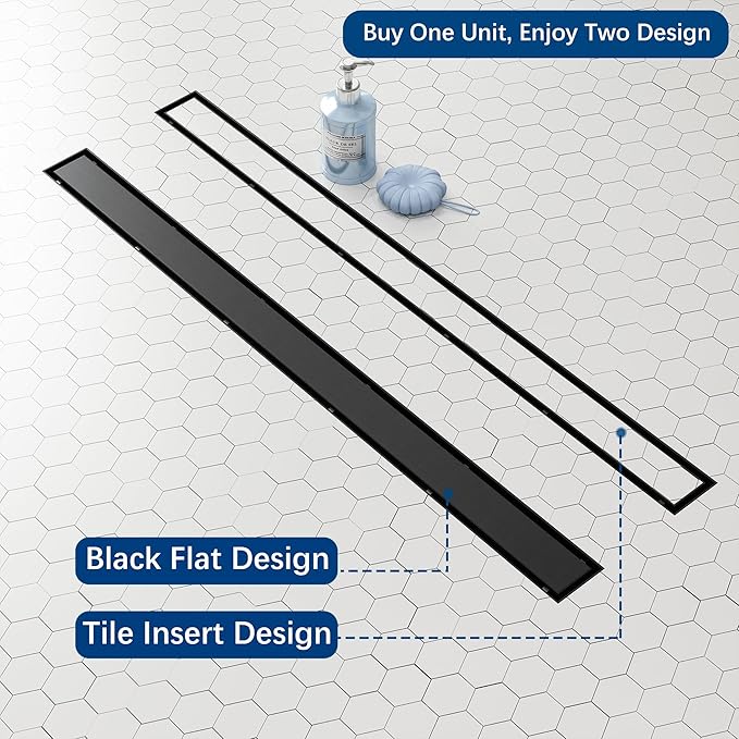 Neodrain 32-Inch Linear Shower Drain,with 2-in-1 Flat & Tile Insert Shiny Black Cover, Rectangle Shower Floor Drain, Floor Shower Drain with Adjustable Leveling Feet, Hair Strainer