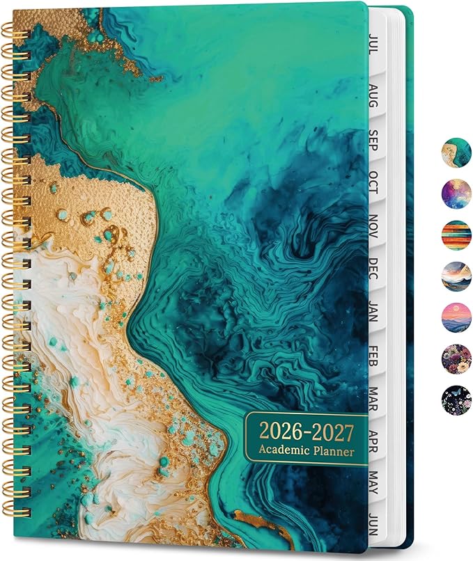 Academic Planner 2026-2027, Weekly and Monthly Calendar Book, July 2026 – June 2027, Hardcover Planner with Tabs, Perfect for Teachers, Students, Women & Men, A5 (6.4" x 8.5") - Ocean