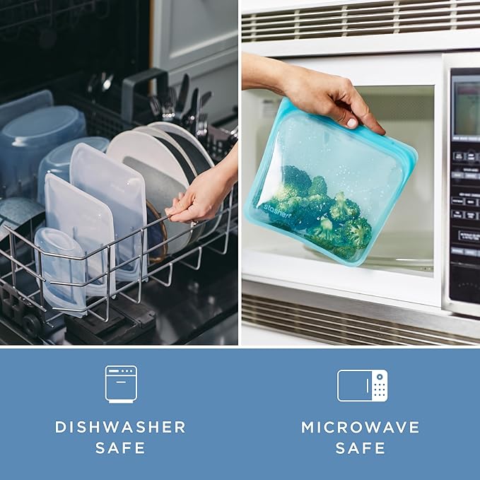 Stasher Silicone Reusable Storage Bags, Pocket 2-Pack, Reusable Snack Bags, Microwave, Dishwasher, Oven Safe, Sous Vide, Eco Friendly, Food Storage Bags, Clear & Deep Ocean